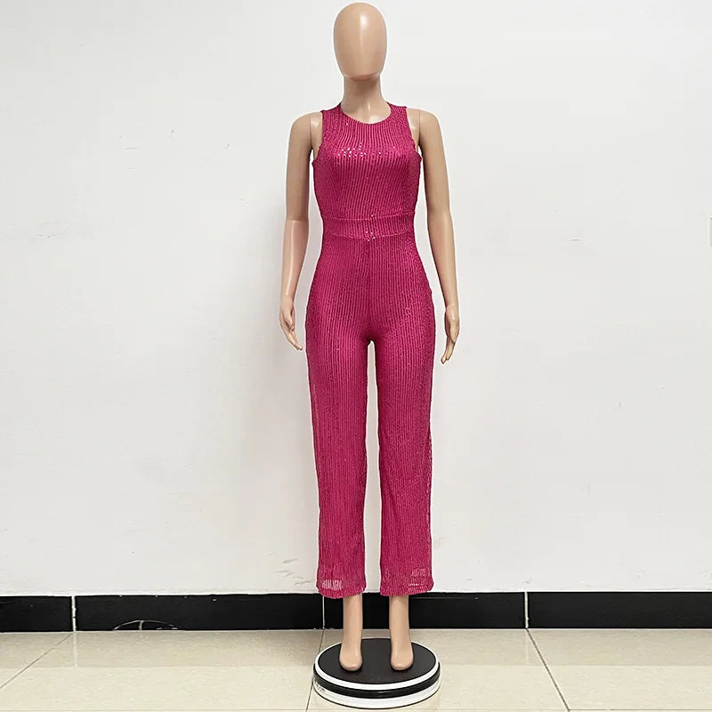 Elegant Silver Sequined Straight Cut Jumpsuit for Women