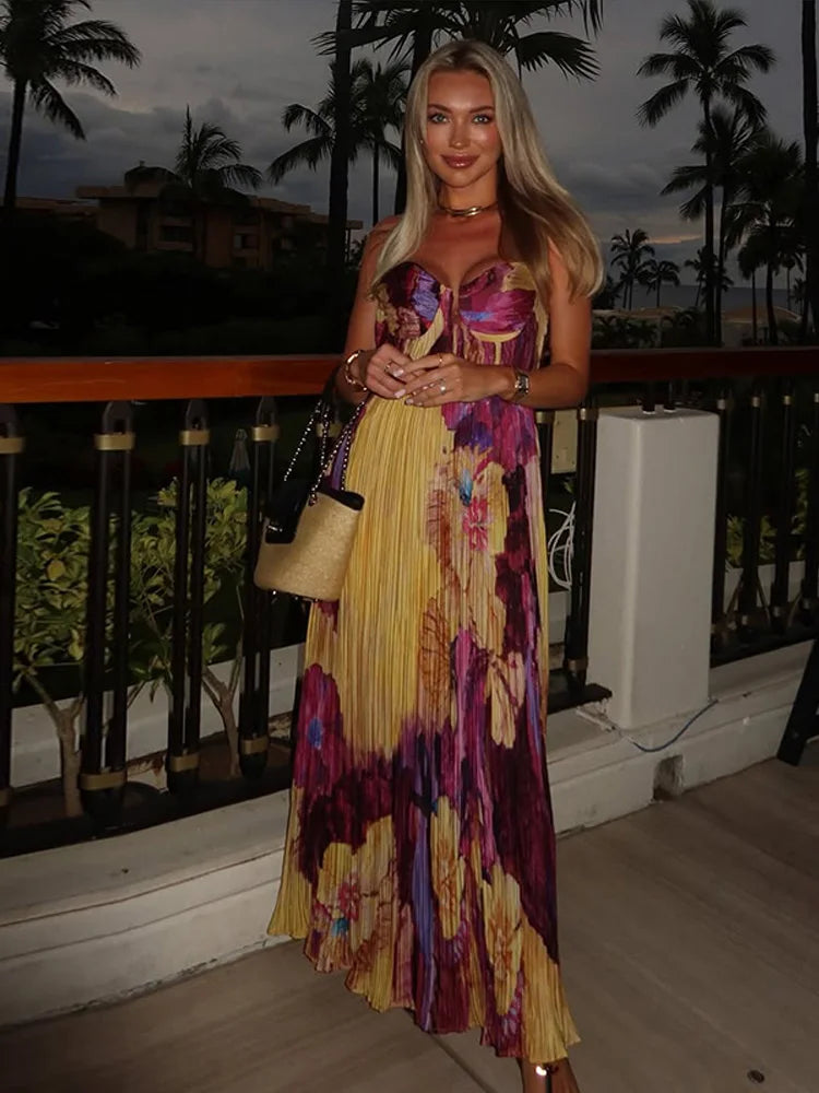 Elegant Floral Print Pleated Floor Length Dress For Women