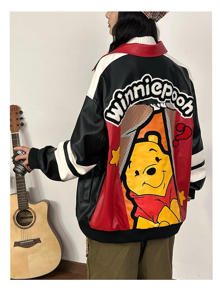 American Retro Bear PU Leather Jacket for Women Autumn and Winter Casual Loose Top Loose-Fitting Casual Couple Leather Jacke