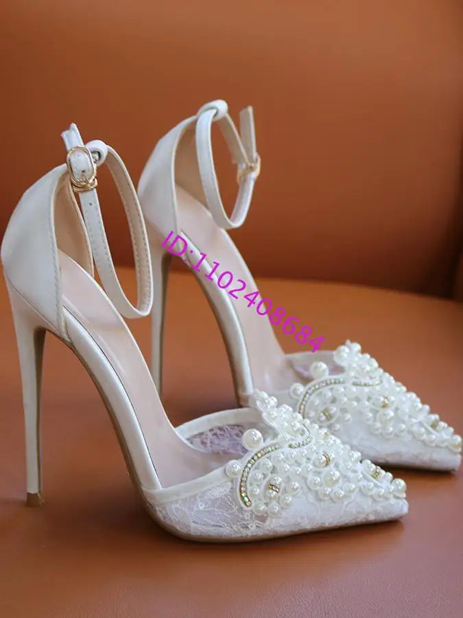 White Pearl Lace Pointed Toe Plus Size High Heel Wedding Shoes For Women