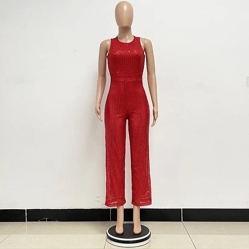 Elegant Silver Sequined Straight Cut Jumpsuit for Women