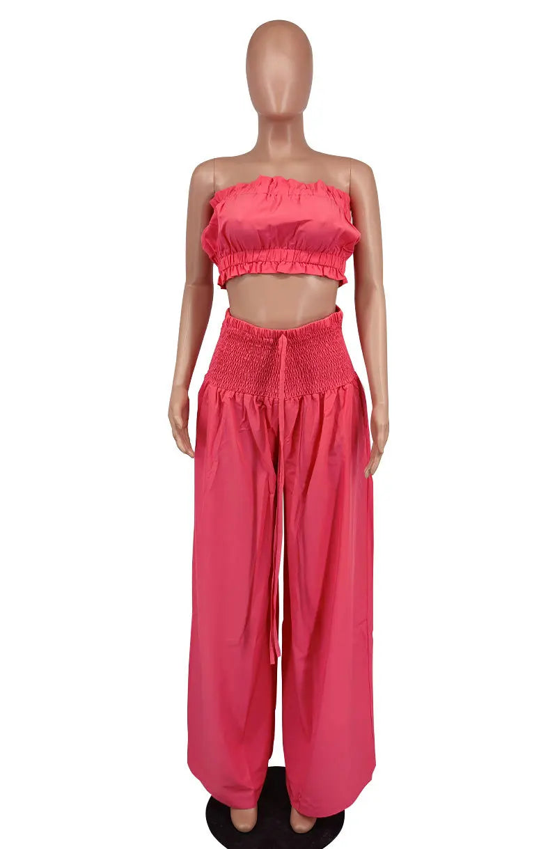 Lace Up Strapless Top Two Piece Pants Set for Women