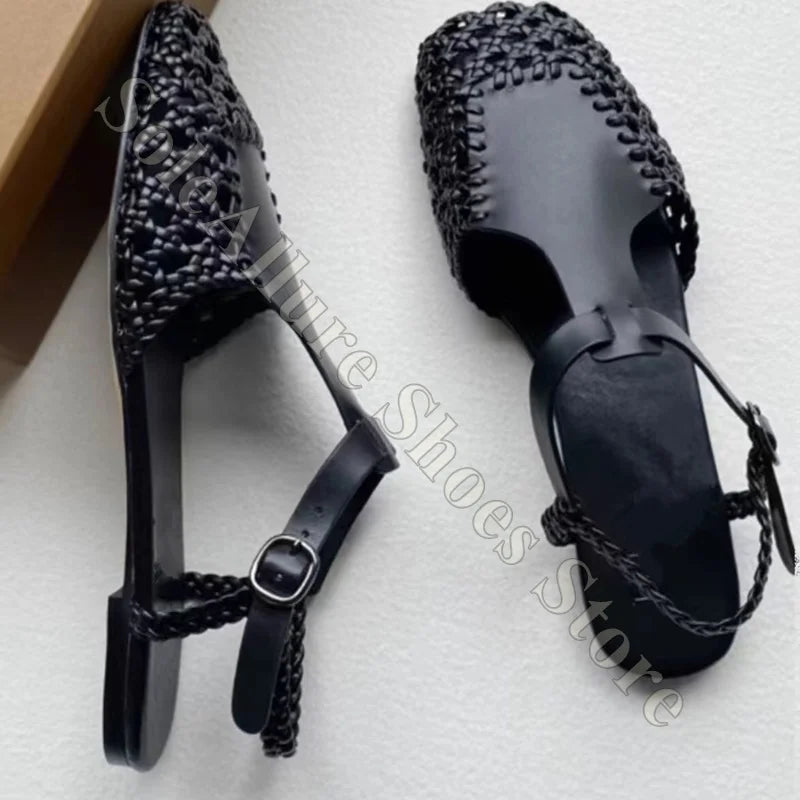 Woven Leather Closed Toe Sandals With Adjustable Buckle For Women