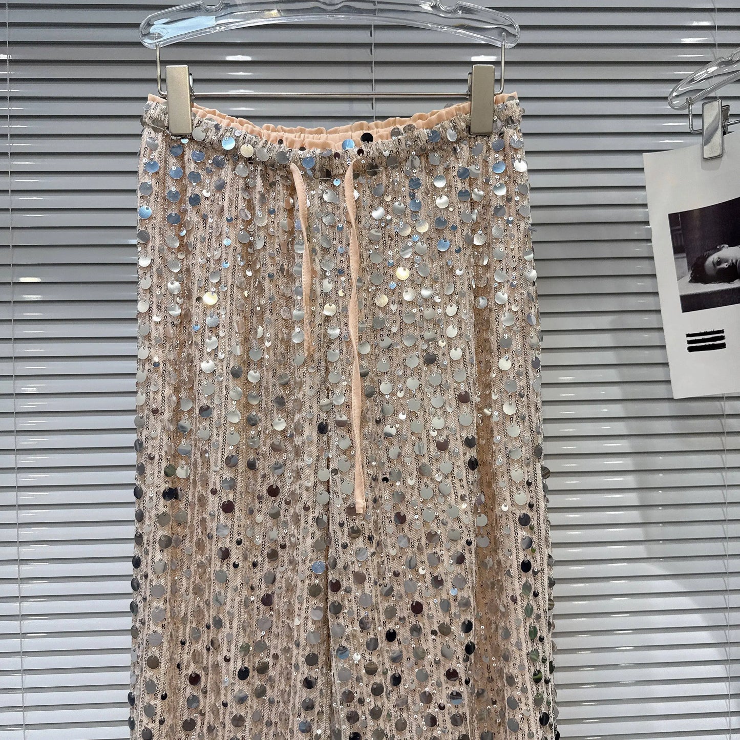 2026 Summer New Fashion Hot Girl Style Silver Sequin Tie-up Elastic Waist Pants - High Street Women's Versatile Casual Trousers