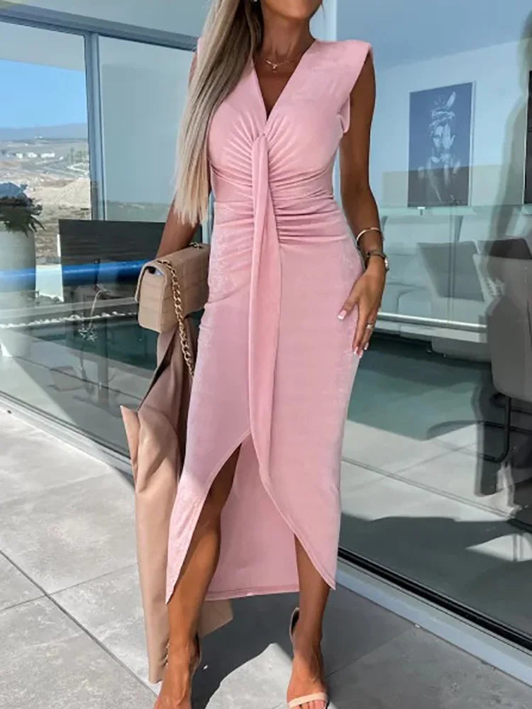 Office Lady Loungewear Deep V-Neck Maxi Dress Women Summer Sleeveless Solid Slim Fit Folds Party Dress Streetwear Dropshipping