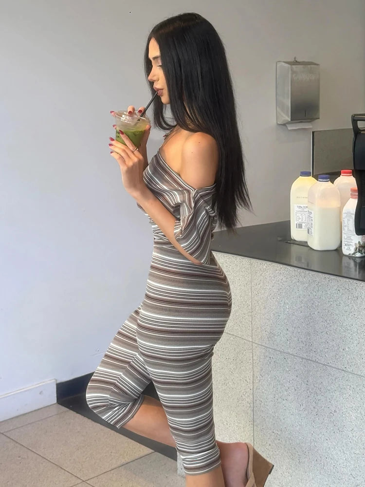 Striped Slash Neck Crop Top and Capri Pants Set for Women