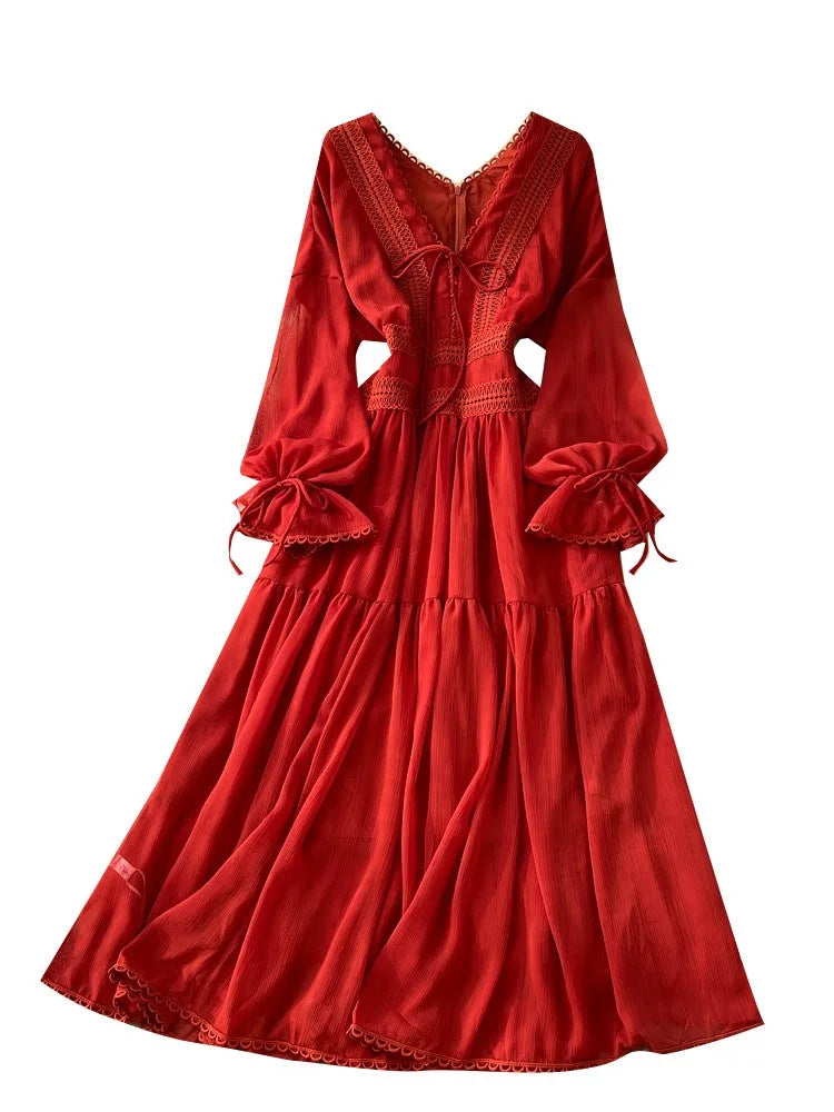 Elegant French V-Neck Waist-Cinching Maxi Dress for Women