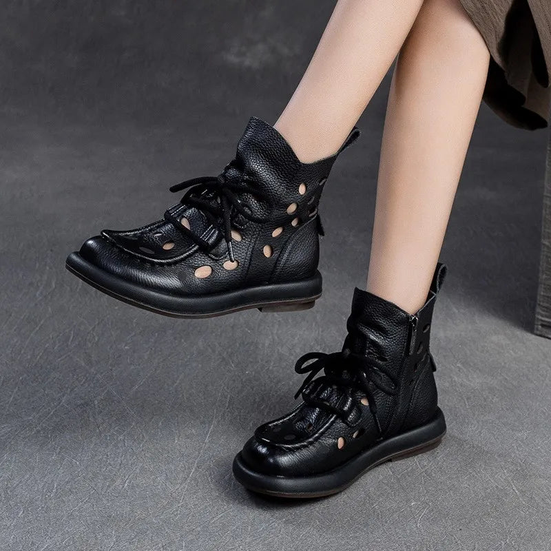 Breathable Hollow-Out Genuine Leather Ankle Boots for Women