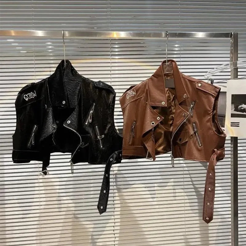 Autumn Faux Leather Vest With Back Letter Embroidered for Women