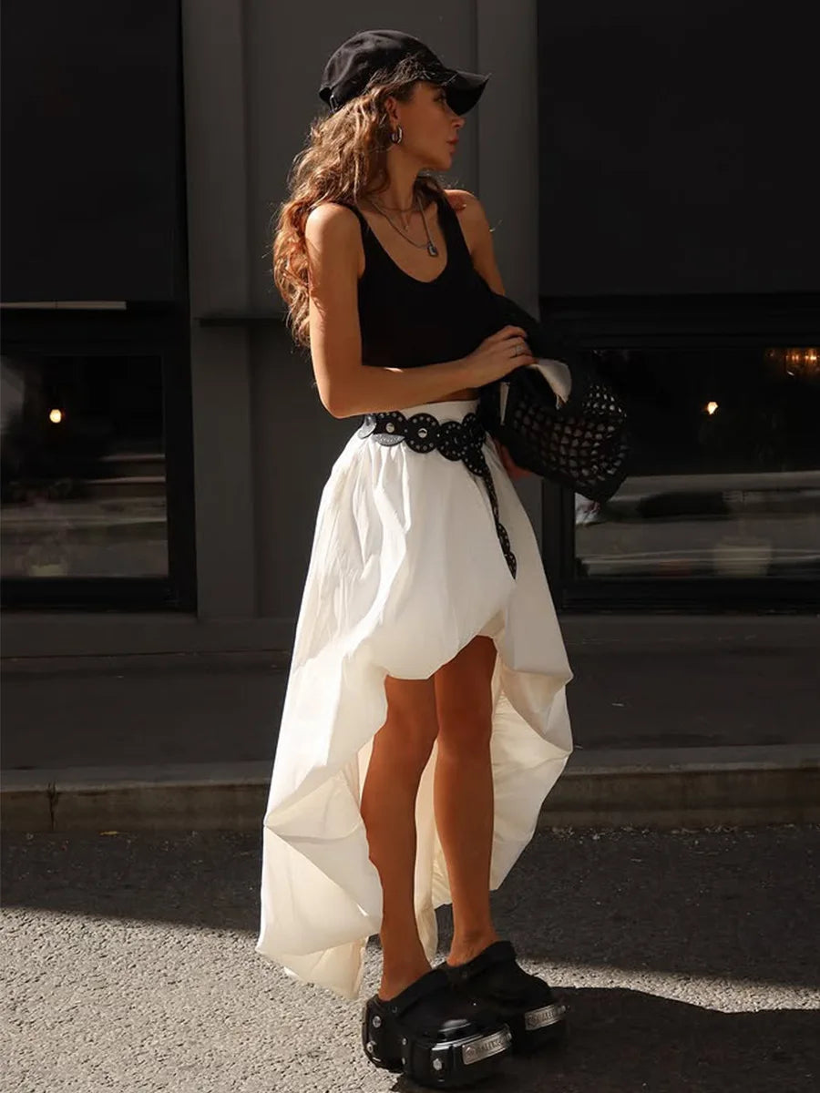 Cotton Ruched Asymmetric Midi Skirt
