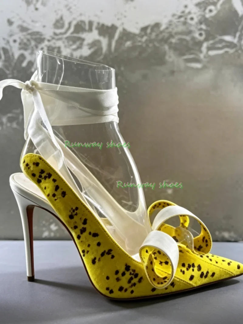 Bright Yellow Silk Pointed Stiletto Heels With Ankle Strap For Women