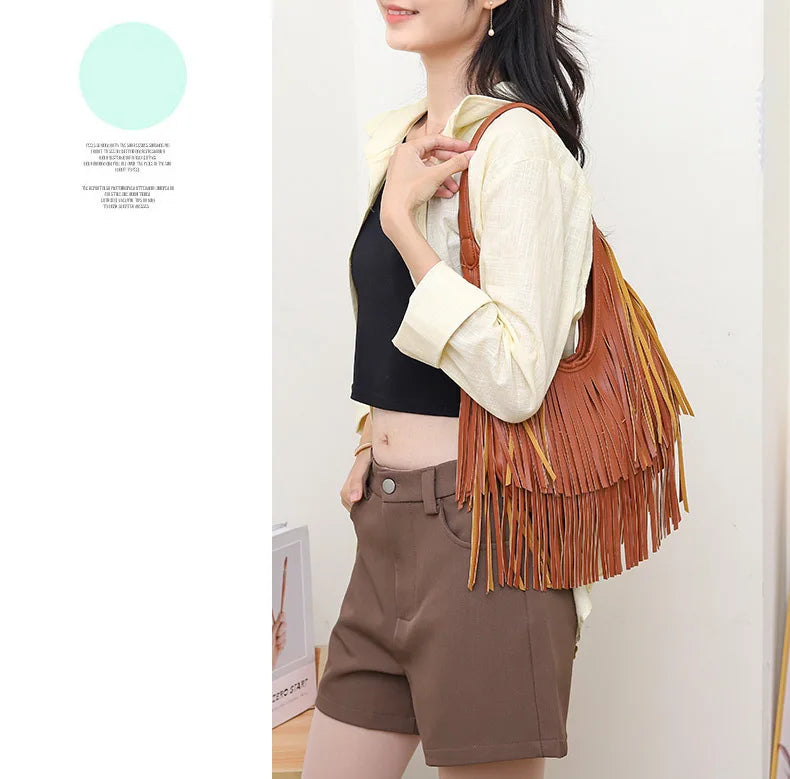 Long Tassel Lux PU Soft Leather Shoulder Bag for Women
