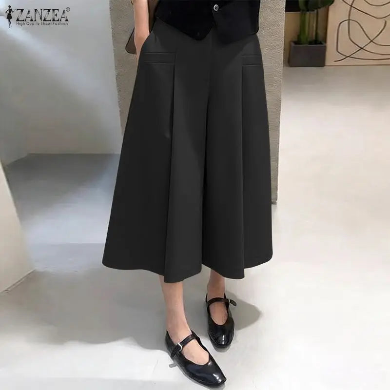 Casual Wide Leg Cropped Trousers With Elastic Waist for Women