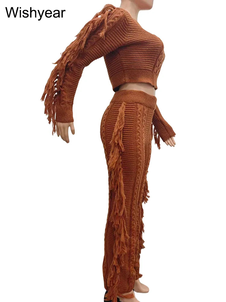 Casual Winter Warm Knitted Sweater Tassel 2 Piece Set  Women Long Sleeve Crop Top and Pants Streetwear outdoors vacation Outfits