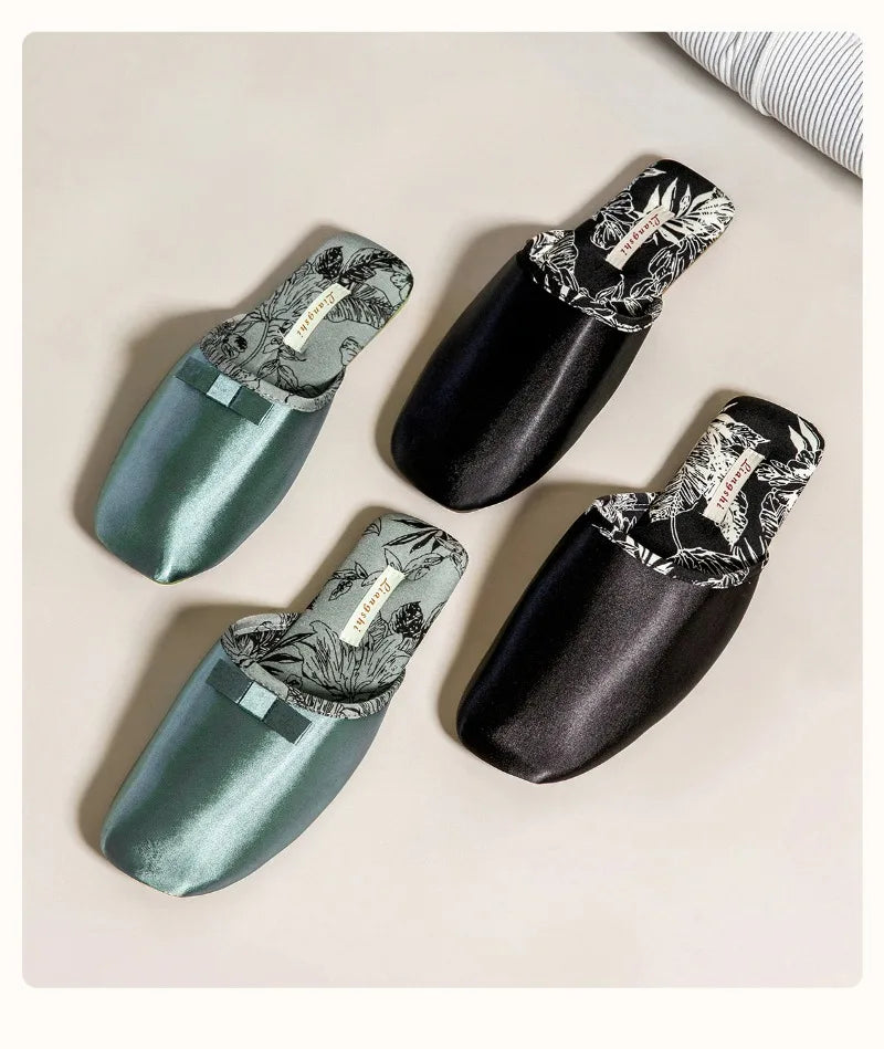Elegant Silk Print Butterfly Knot Flat Slippers for Women