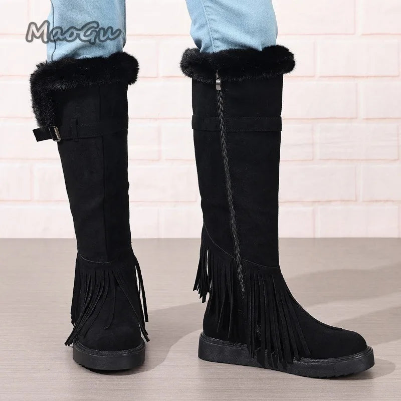 Faux Fur Lined Suede Knee High Fringe Boots for Women