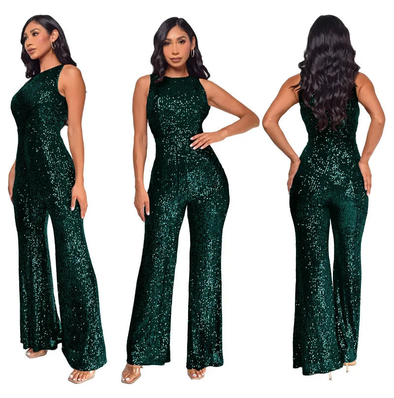 Elegant Silver Sequined Straight Cut Jumpsuit for Women