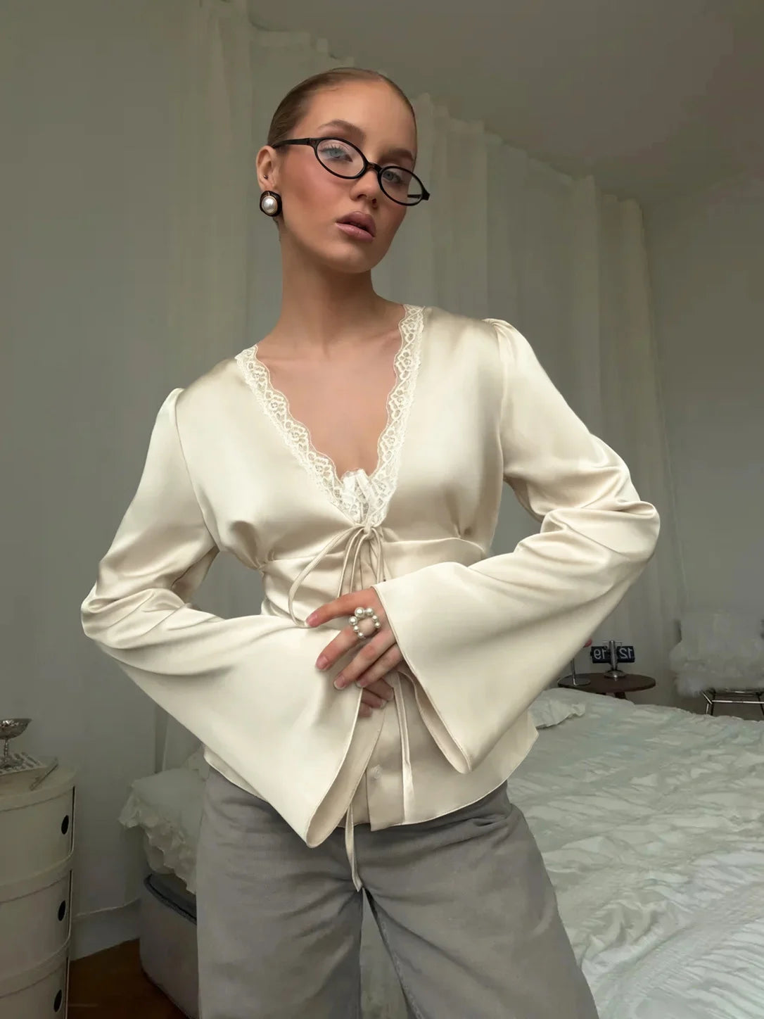 Lace-Up Satin Patchwork V-Neck Vest Top for Women**