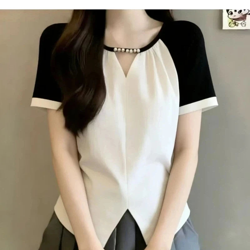 Contrast Patchwork Short Sleeve Casual Blouse For Women