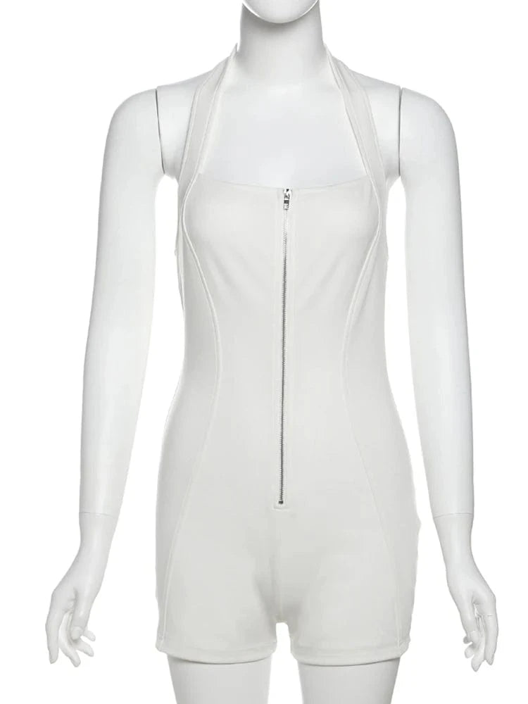 Weird Puss Zip Halter Romper Women  2025 Summer Stretch Fitness Sporty Hipster Backless Sleeveless Playsuit Casual Trend Outfits