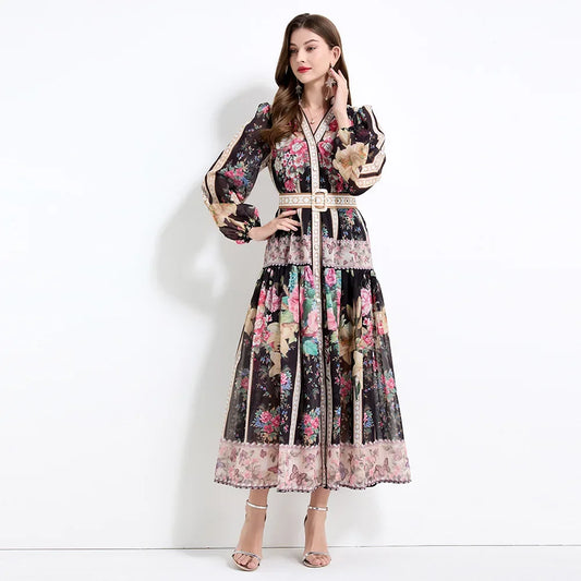 Elegant French Vintage Dress Women's High Waist Belted Print Court Style Long Dress Classy Sensation Skirt Fashionable Gown