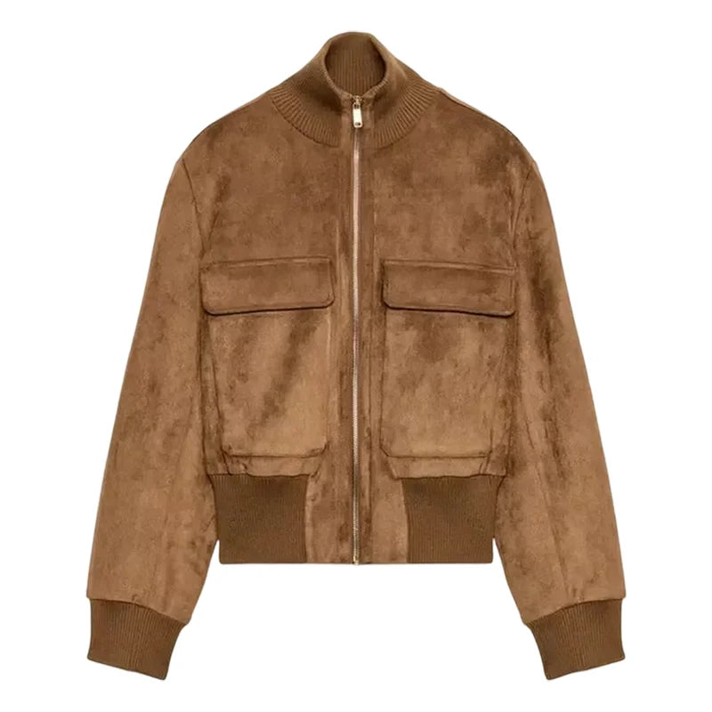 Vintage Suede Long Sleeve Jacket with Pockets for Women