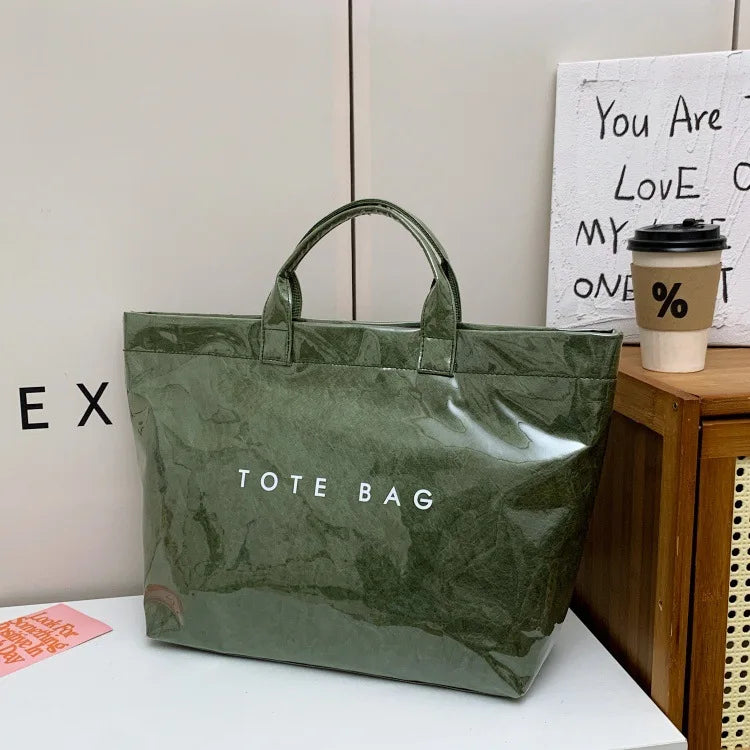 Kraft paper jelly waterproof bag, women's new retro commuting large capacity DuPont paper tote bag