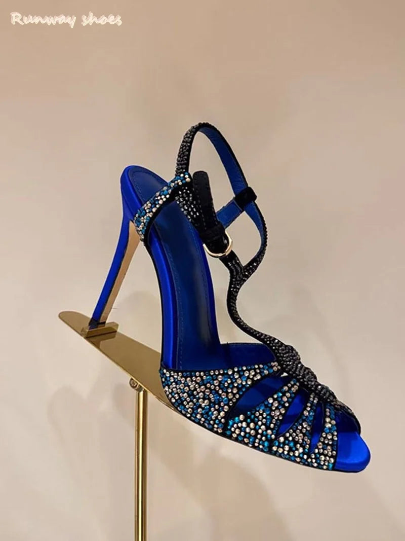 Luxury Rhinestone Buckle Open Toe Stiletto Sandals For Women