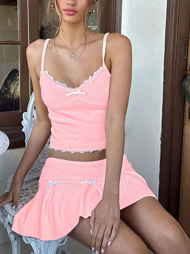 Bow Pleated Two-Piece Skirt Set