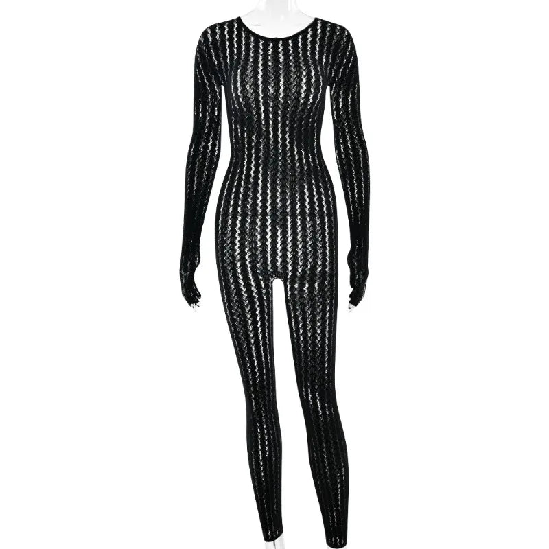 BOOFEENAA See Through Seamless Striped Jacquard One Piece Long Sleeve Jumpsuit Sexy All Black Outfits for Woman Baddie C92-DZ18