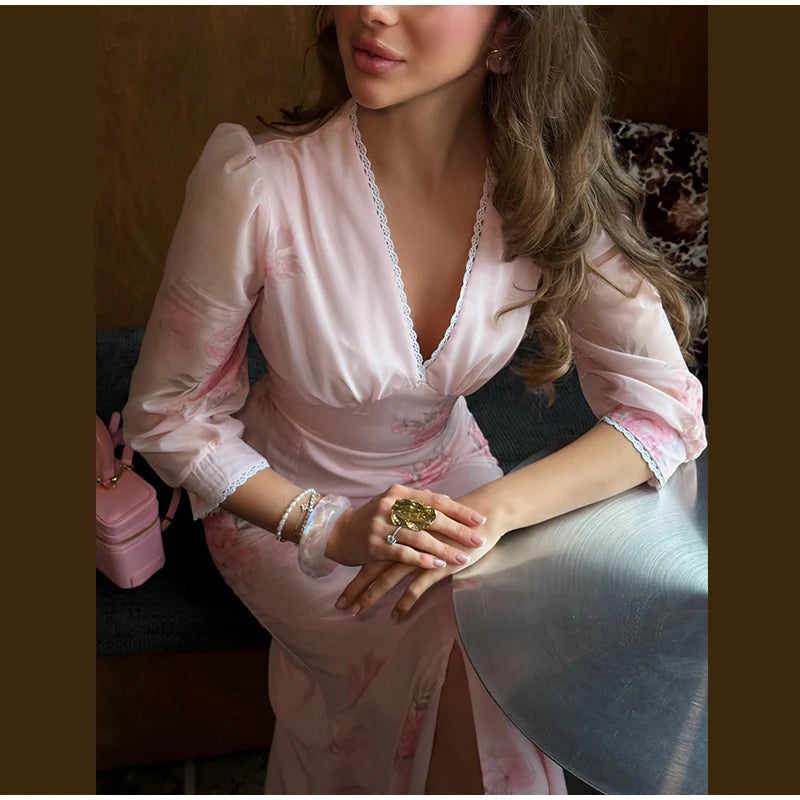 Elegant Print Pleated Puff Sleeve V Neck Long Dress for Women