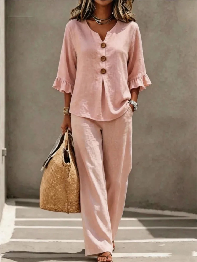 V-Neck Ruffled Two-Piece Top and Wide-Leg Pants Set for Women