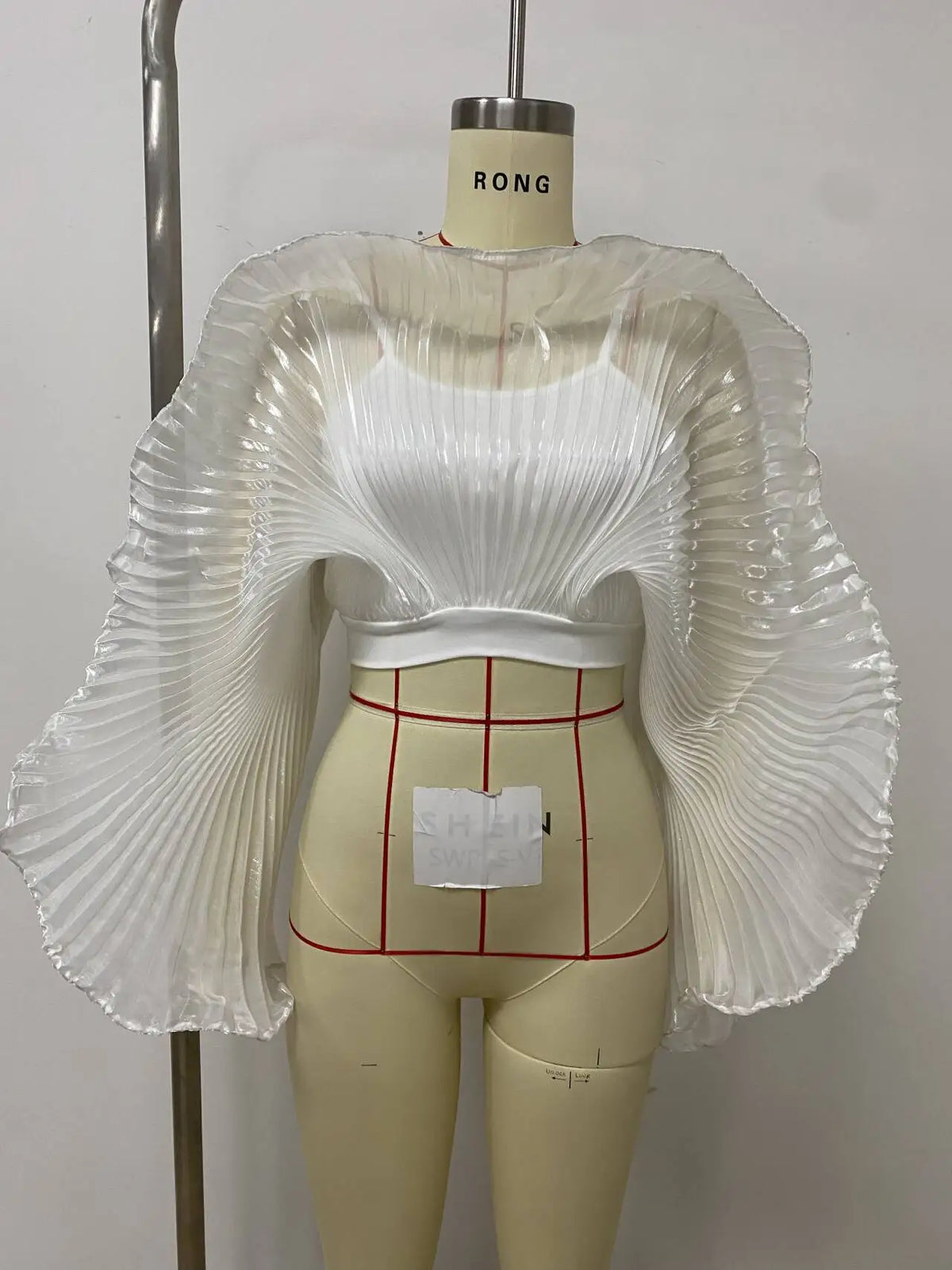 Sheer Pleated Ruffle Long Sleeve Top