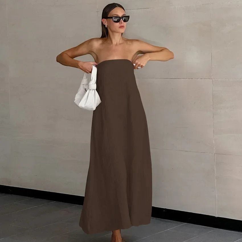 Solid Color Strapless Sleeveless Pocket Dress for Women