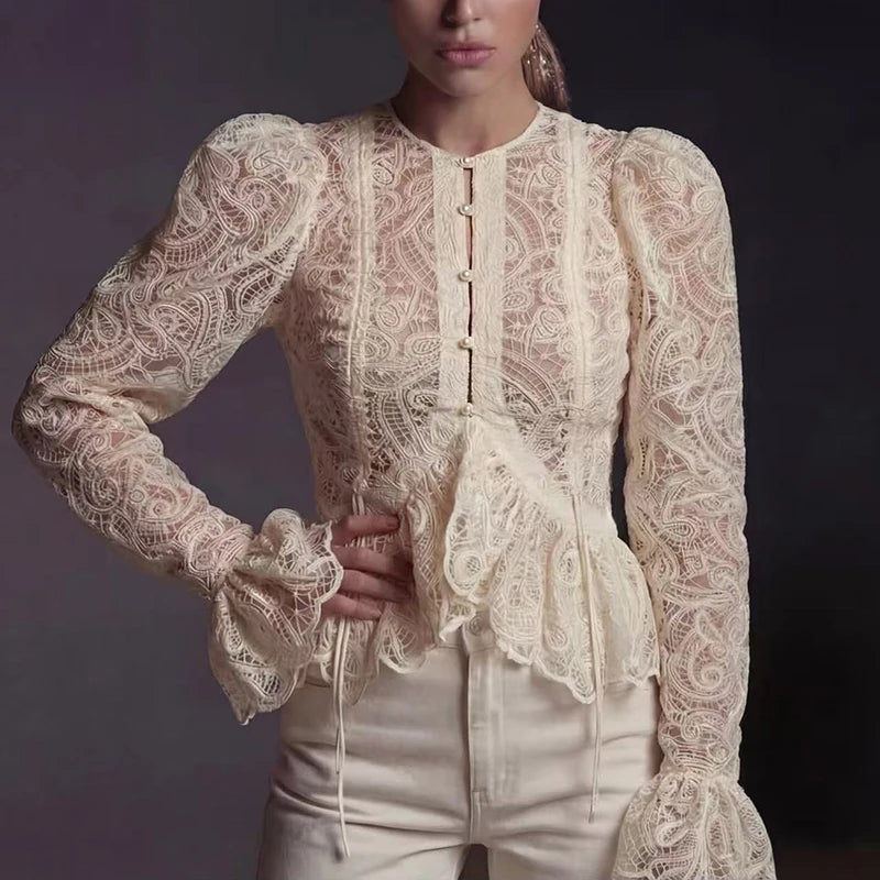 Casual Hollow Out Lace Tie Up Long Sleeve Blouse for Women