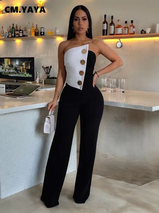 CM.YAYA Elegant Button Strapless Sleeveless Irregular Girl Jumpsuits 2025 Spring Women's Overalls Outfits Night Club One Piece