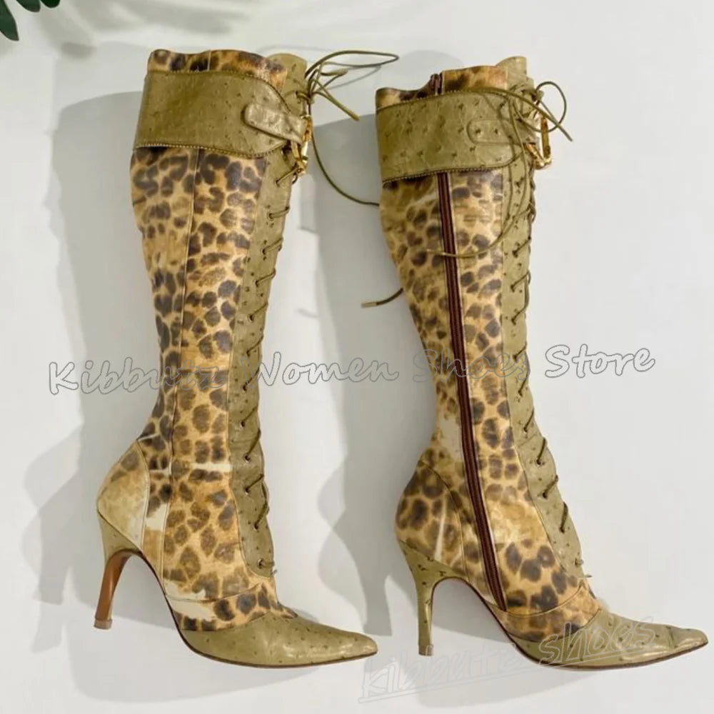 Leopard Knee High Boots Belt Buckle Lace-Up Pointy Thin Heels Luxury Elegant Concise Sexy Fashion Novelty Mixed Color Shoes New