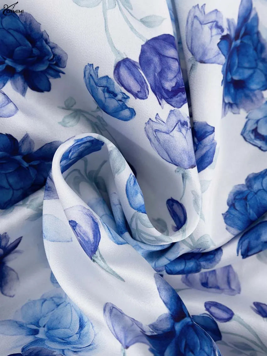 Oymimi Fashion Blue Print Womens Dresses Elegant V-Neck Long Sleeve Zipper Dresses Casual High Waist Pleated Mini Dress Female