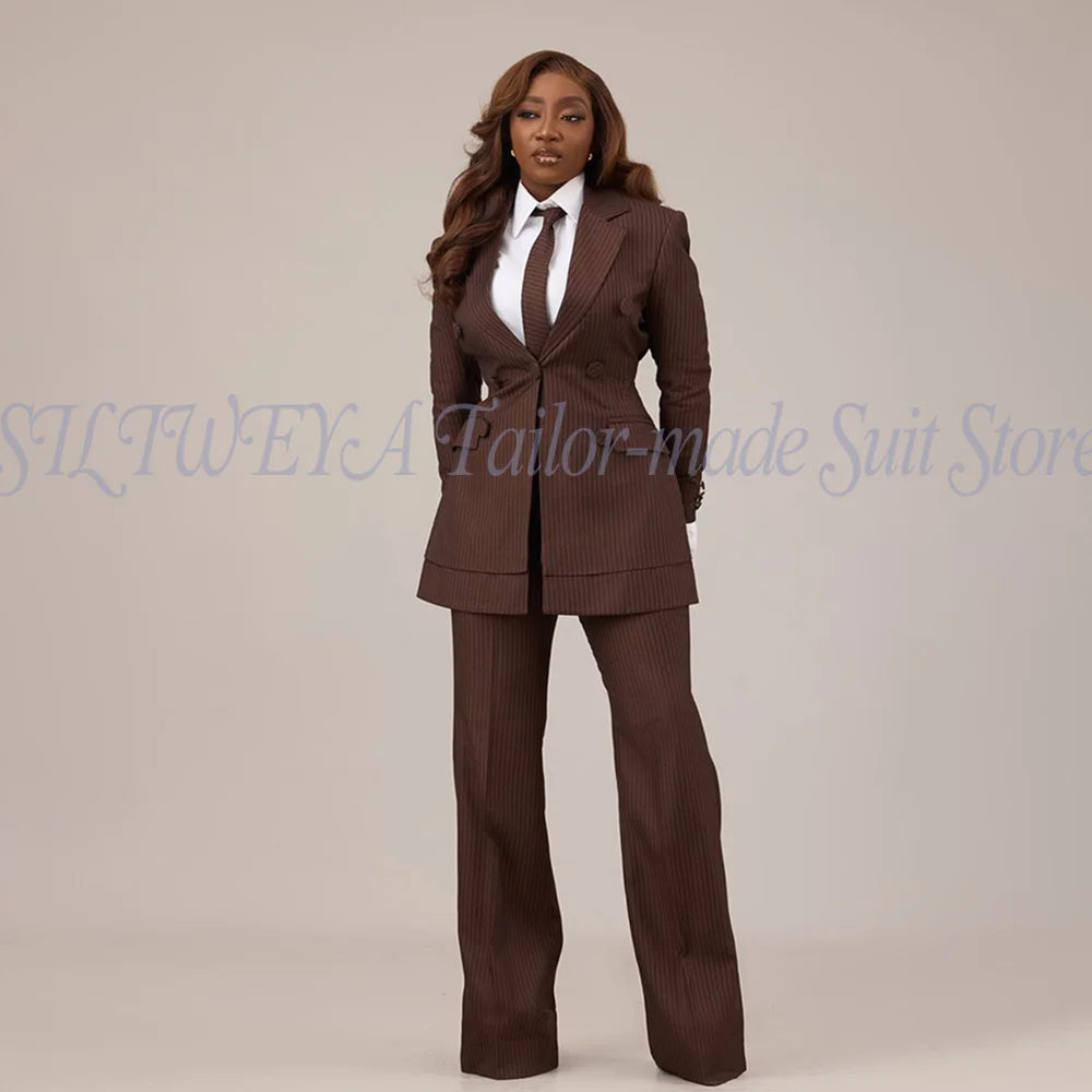 Slim Fit Brown Striped Blazer Set With Pants For Women