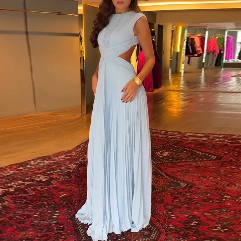 Elegant Backless Cross Pleated Maxi Dress for Women