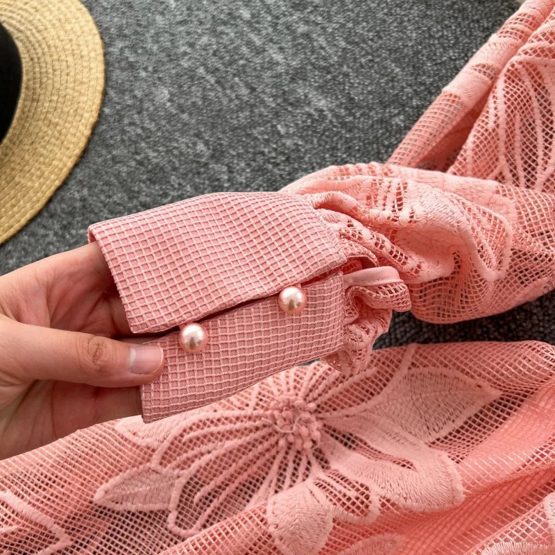 Elegant Embroidered Lantern Sleeve Midi Dress for Women