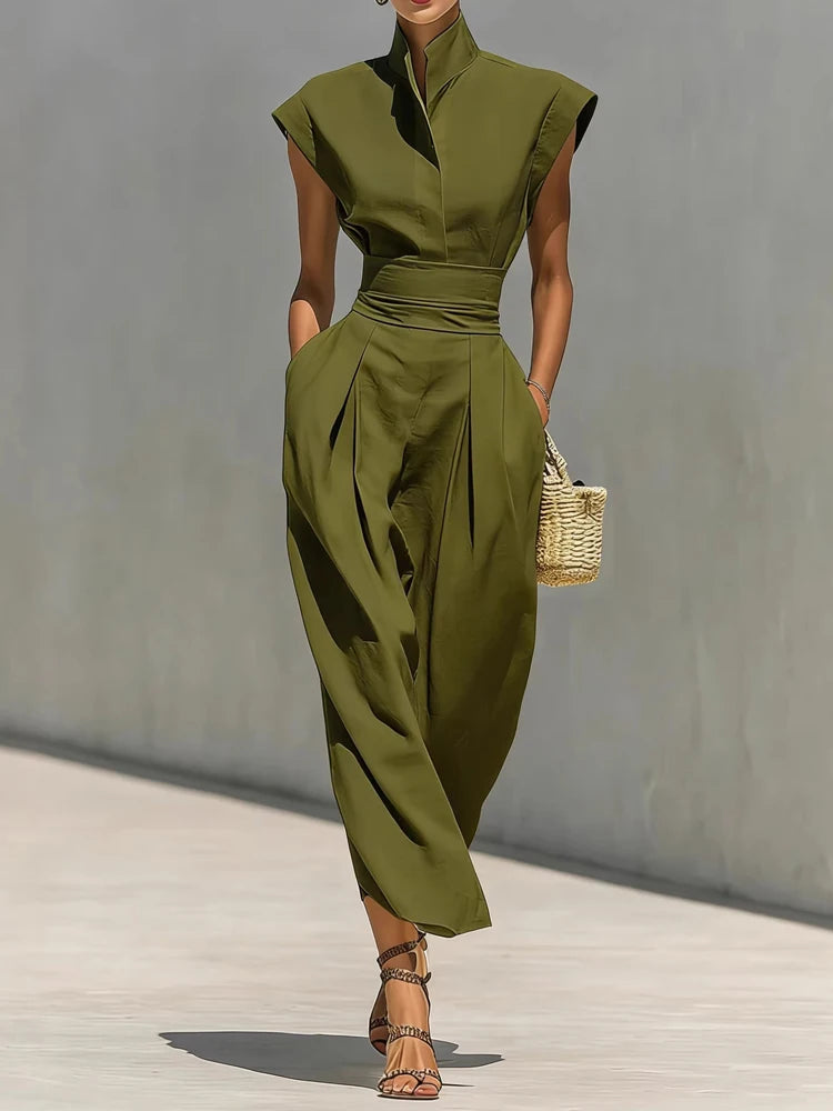 Elegant Stand Collar Pocket Summer Long Dress for Women