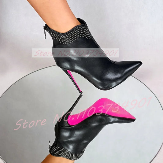 Pink Sole Studded Pointed Toe High Heel Ankle Boots For Women