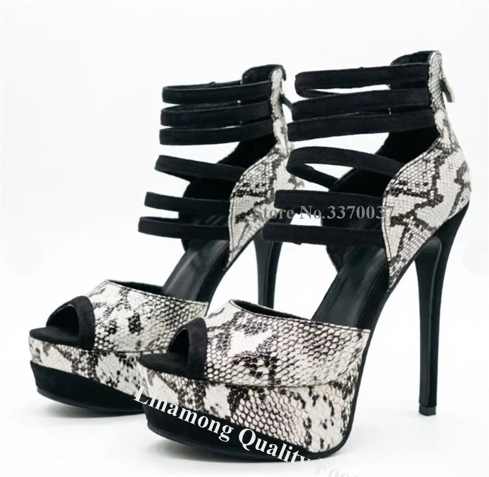 Grey Snakeskin Peep Toe Cross Strap Platform Stiletto Sandals For Women