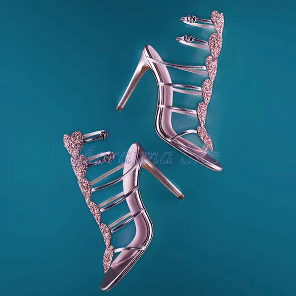 Pink Glitter Heart Strap Gladiator Sandals For Women