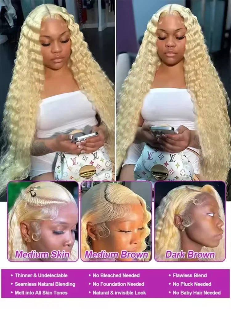 Honey Blonde Deep Wave Lace Front Human Hair Wig for Women