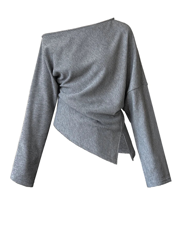 Black Pleated Asymmetrical Collar Sweatshirt for Women