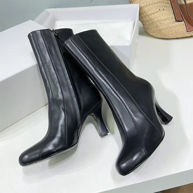 Genuine Leather High Heel Round Toe Mid Calf Boots for Women