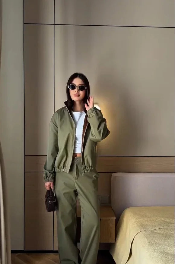 Loose Fit Zip-Up Track Jacket and Pants Set for Women