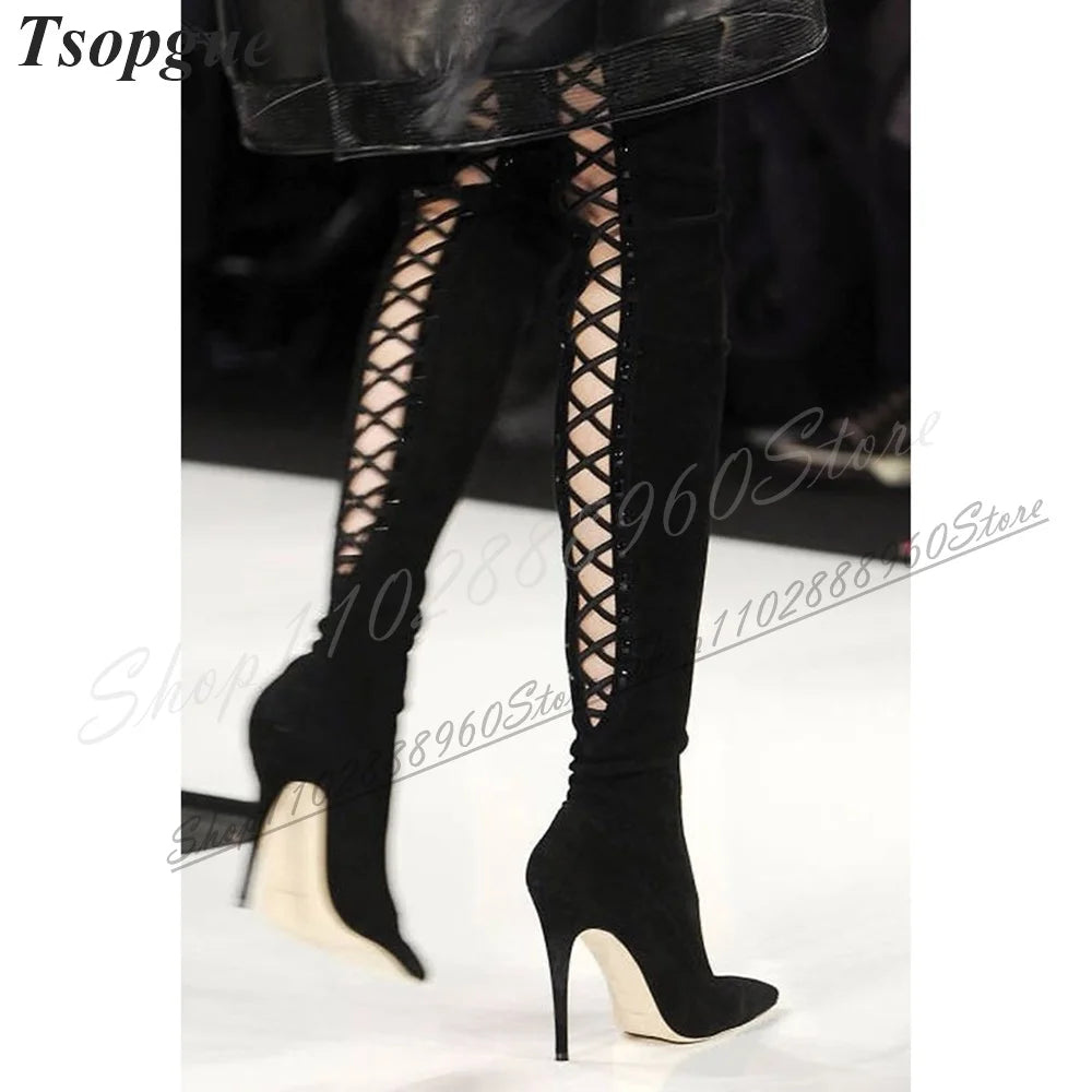 Over The Knee Purple Flock Cross Tied Boots Thin High Heel Shoes For Women Slip On Pointed Toe 2024 Fashion Zapatos Para Mujere